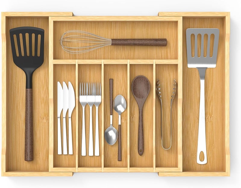 FoverOne Bamboo Kitchen Drawer Organizer, 13" to 23" Expandable Utensils Organizer and Cutlery Tray Holder, Drawer Divider for Silverware, Flatware - Image 1